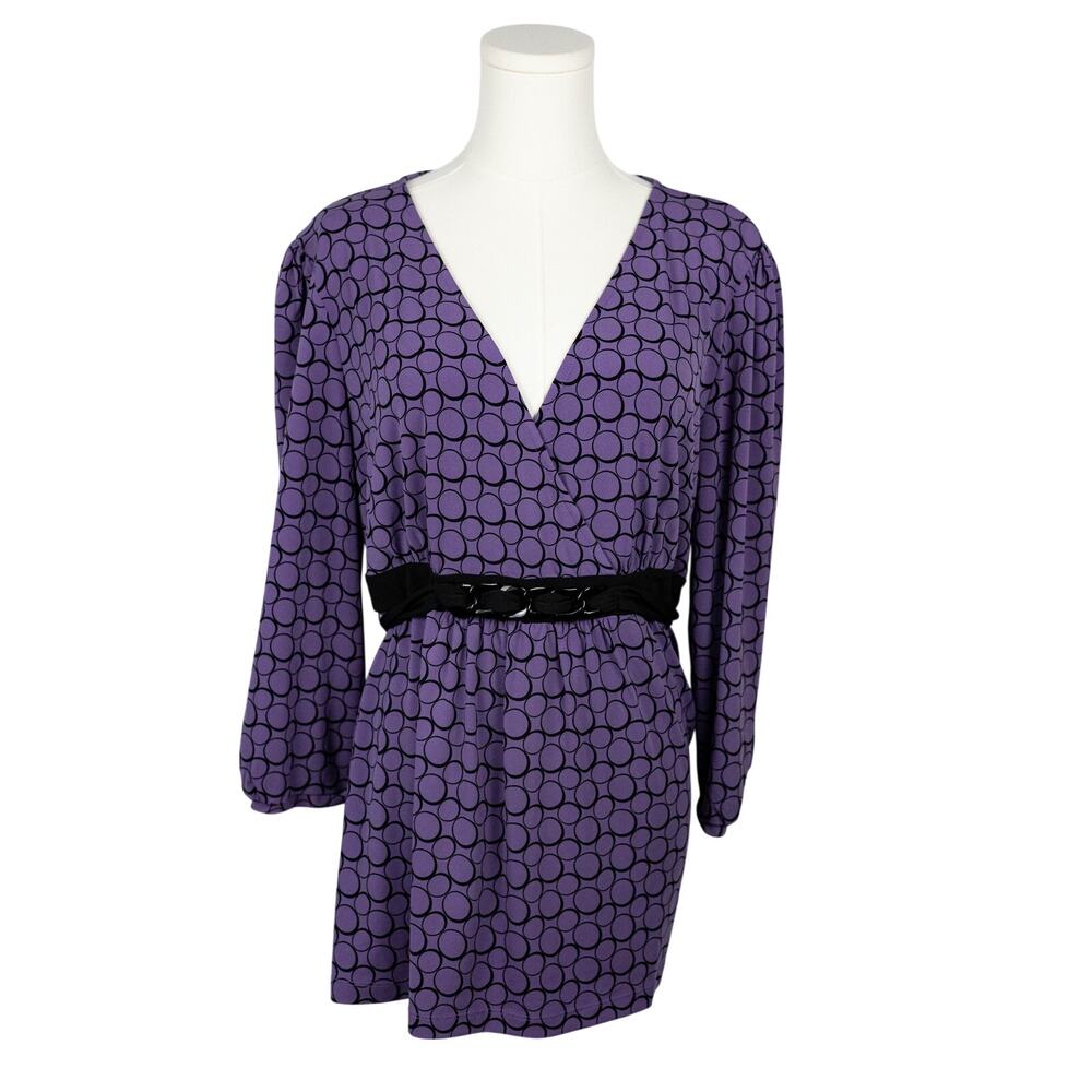 Apt 9 XL Womens Blouse Faux Wrap Black Belt Geo Print Purple